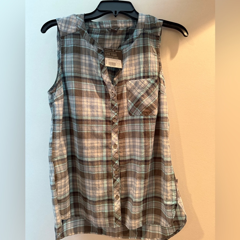 NWT Eddie Bauer Women's Blue and Gray Plaid Sleeveless Shirt